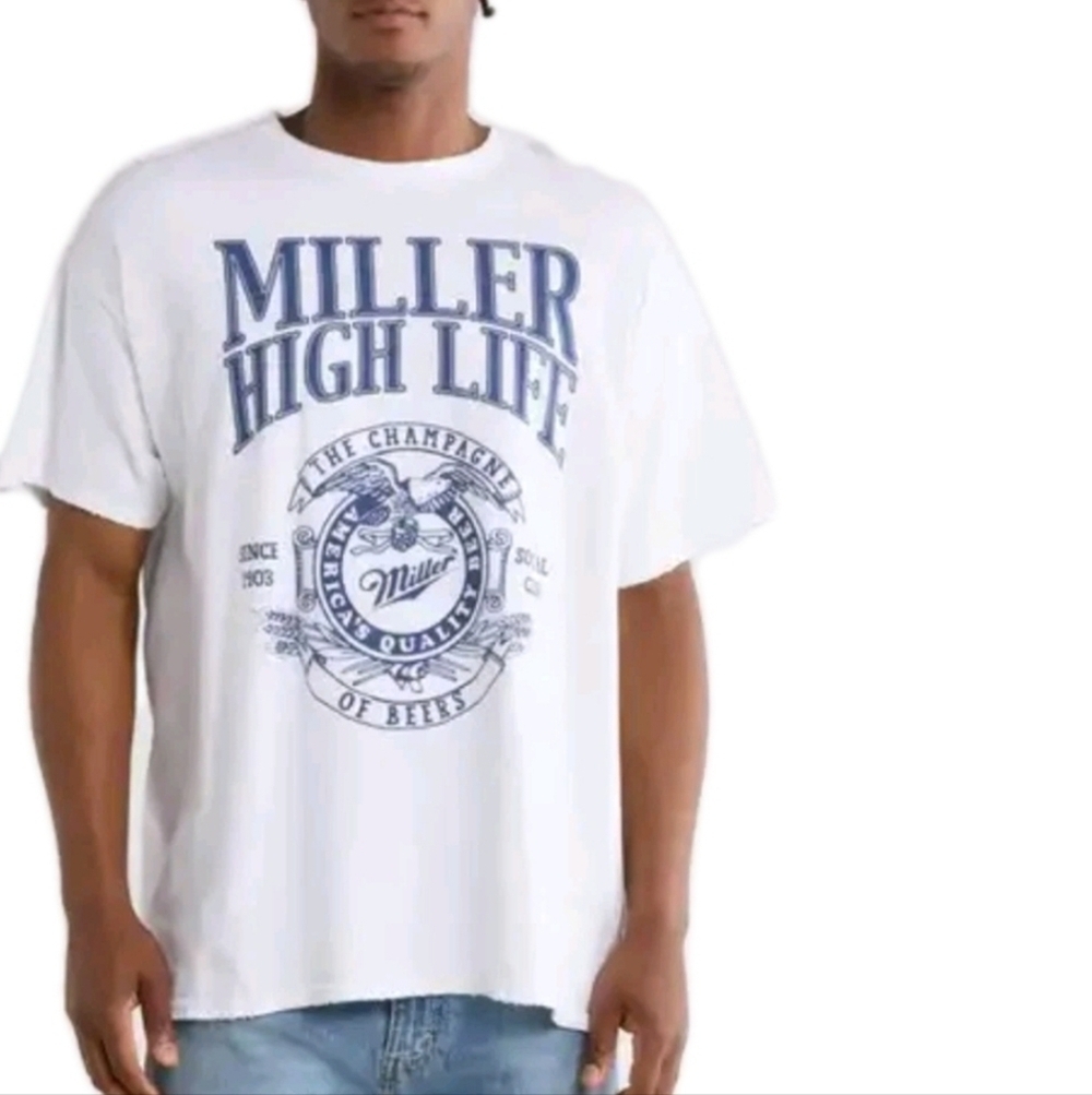 Junk Food Miller High Life Mens Distressed White Short Sleeve Tee M
